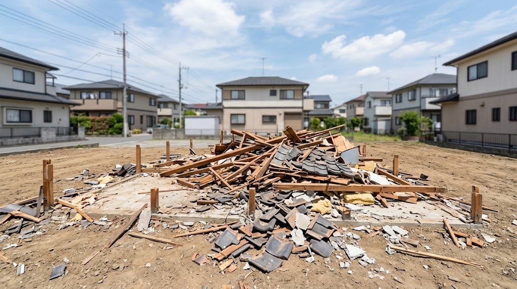 建物の解体工事現場で稼働する重機ショベルカーと警戒コーン