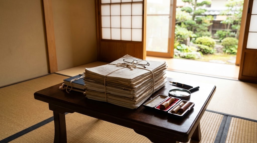 カレンダー、万年筆、日本の公的証明書と遺産分割協議書