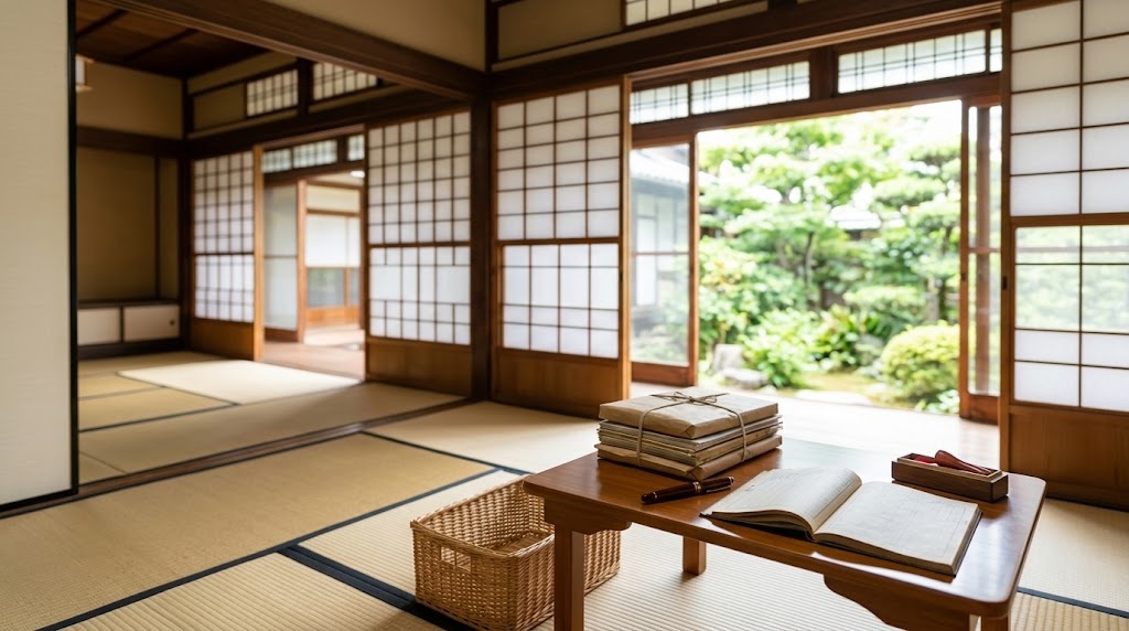明るい陽光が差し込む和室と不動産売買の引き渡し書類